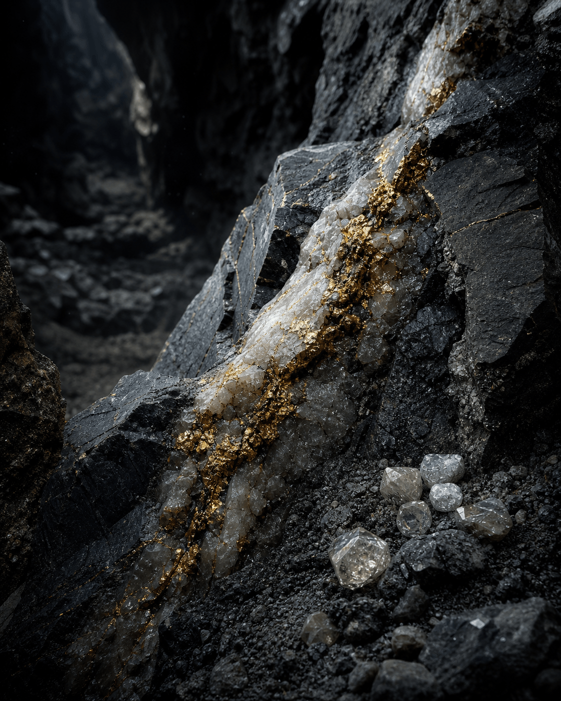 Vue éditoriale d'une roche graphite traversée de quartz aurifère, accompagnée de diamants bruts